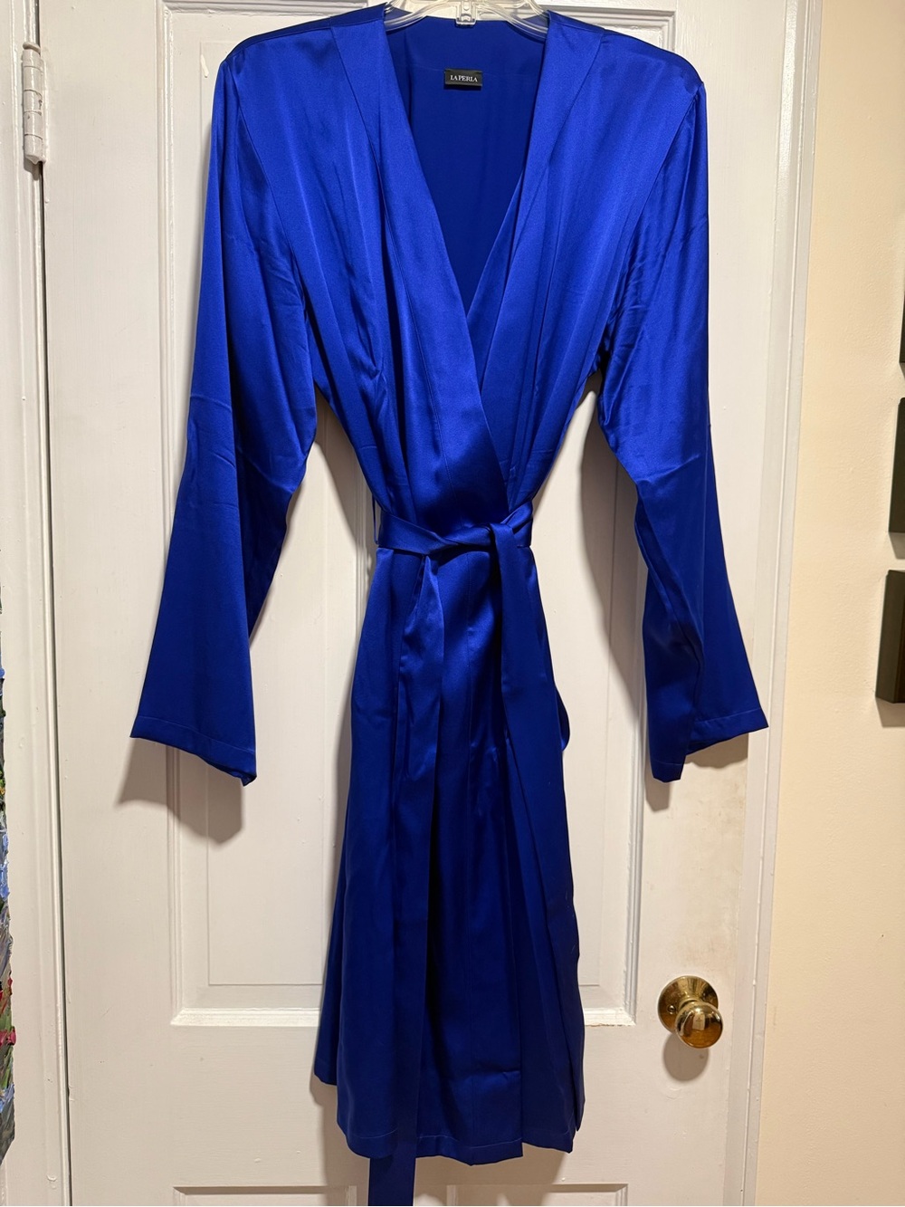 La Perla Short Royal Blue Satin Wrap Robe with Self Tie